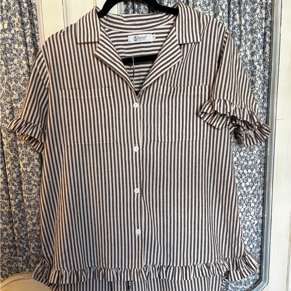 FLYGO Fashion brown stripe Women's pajama set